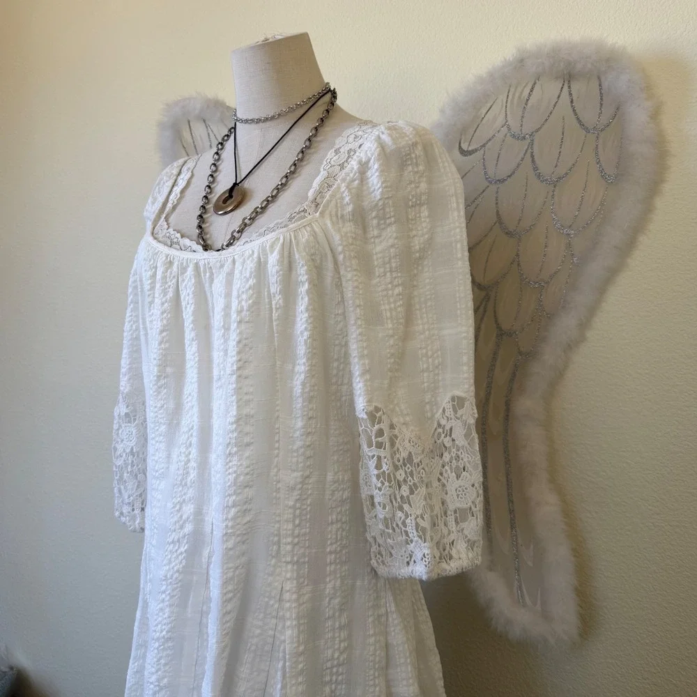 White Gauze Lace Dress Boho Peasant Square Neck Feminine Mori Girl Cottagecore‎